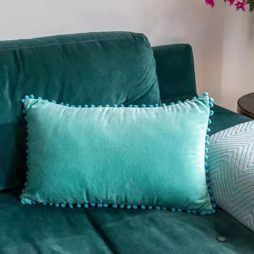Green Velvet Pom Pom Cushion