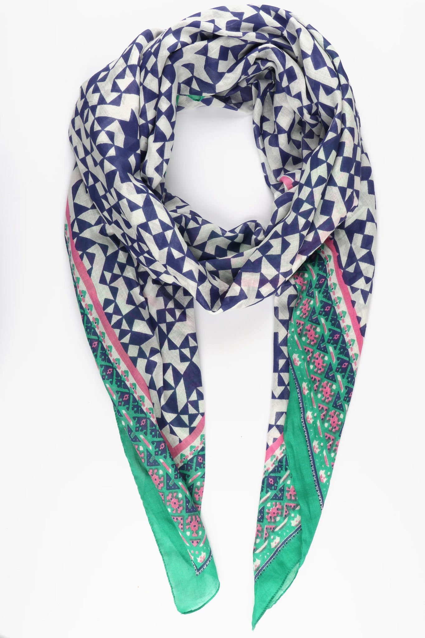 Mosaic Print Bordered Cotton Scarf in Navy Blue