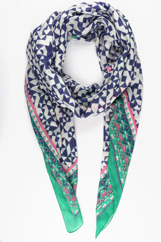 Mosaic Print Bordered Cotton Scarf in Navy Blue