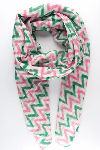 Two Tone Alternating Zig Zag Striped Cotton Scarf in Pink & Green