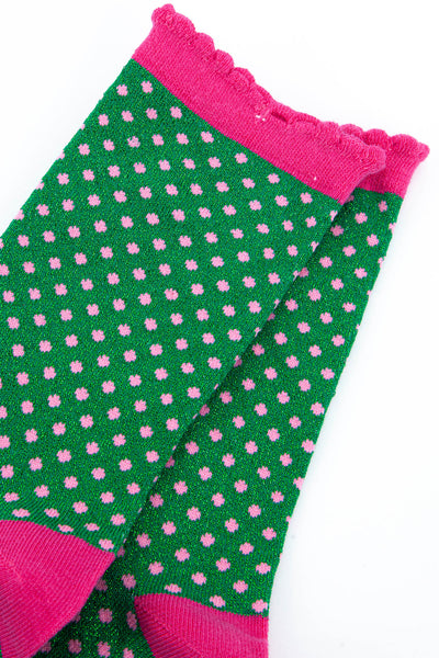 Women's Glitter Socks - Green & Pink, Small Polka Dot