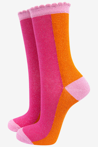 Women's Cotton Glitter Socks - Scalloped Top - Colour Block Pink Orange