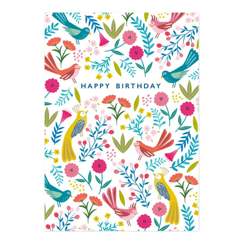 Happy Birthday Card | Colourful Bird and Floral Pattern