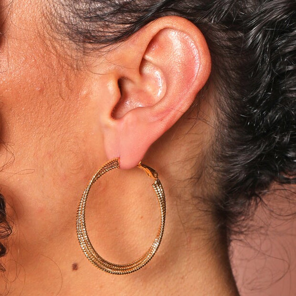 Triple Layered Thread Hoop Earrings in Gold