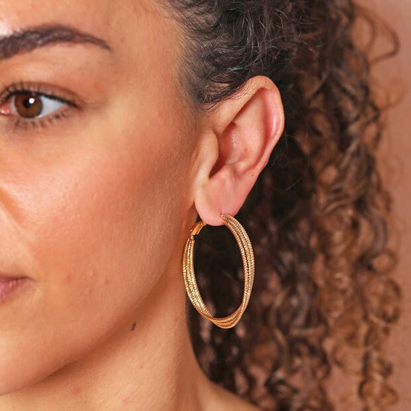 Triple Layered Thread Hoop Earrings in Gold