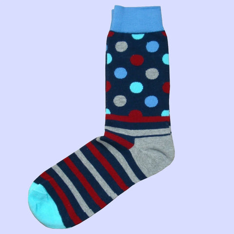 Men's Polka Dot Striped Socks with Contrasting Heel and Toes - Grey, Blue, Wine and Navy