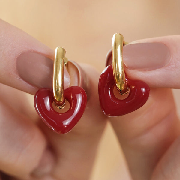Red Resin Heart Huggie Hoop Earrings in Gold