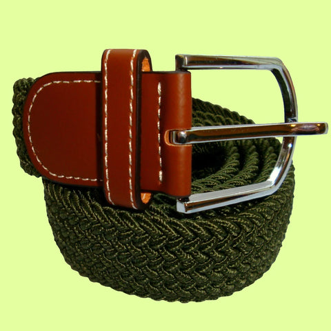 Men's Plain Elasticated Woven Belt - Silver Toned Buckle - Khaki Green