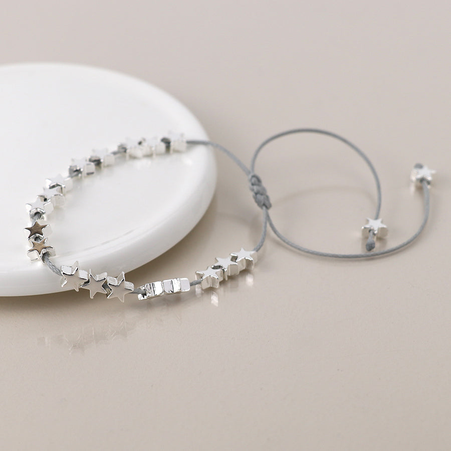 Silver Plated Stars Grey Cord Bracelet