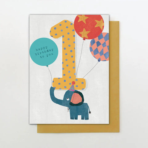 Happy Birthday Card | Age 1 Elephant & Balloons