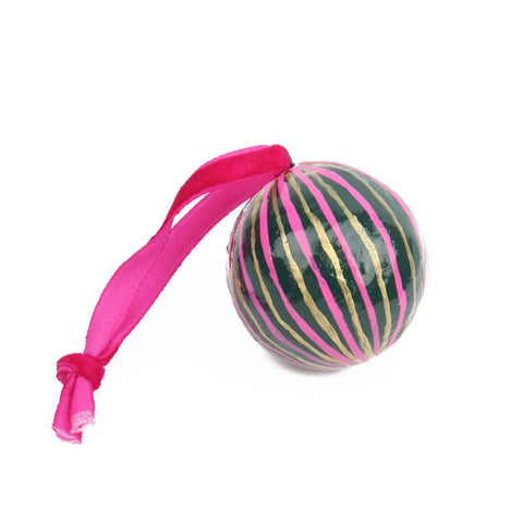 Green, Pink and Gold Mini Stripe Round Bauble Decoration