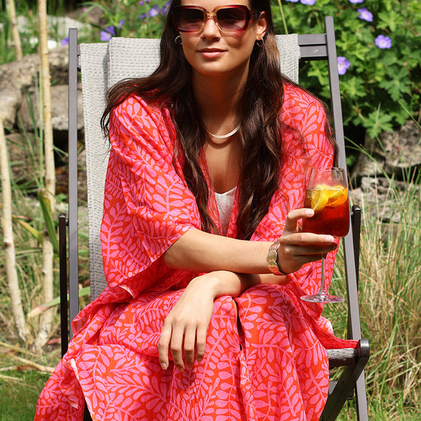 Red and Pink Mix Vine Print Cotton Kaftan