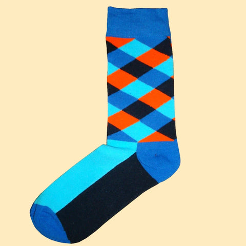 Men's Diamond Check Socks - Blue, Turquoise, Orange and Black