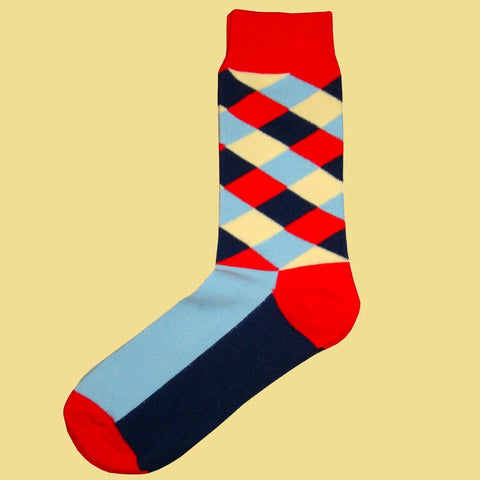 Diamond Check Socks - Red, Navy, Beige and Blue