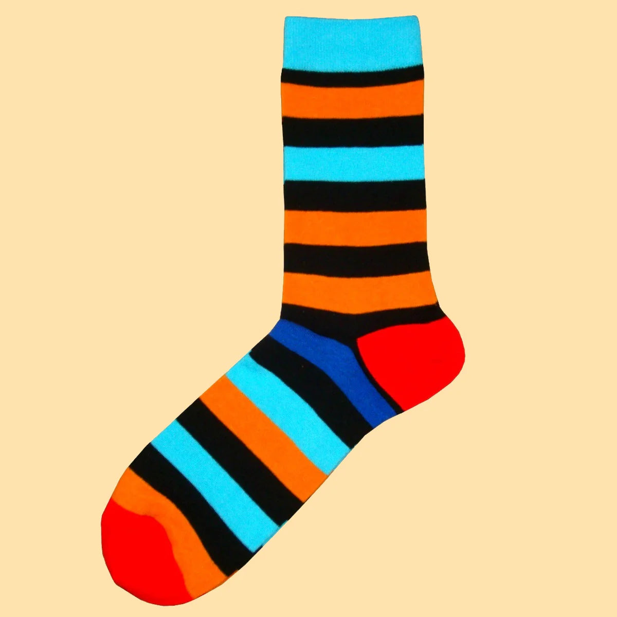 Mens Socks - Multi Stripe with Contrasting Heel and Toe Socks - Orange, Blue, Black, Royal Blue and Red