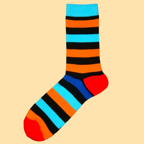 Mens Socks - Multi Stripe with Contrasting Heel and Toe Socks - Orange, Blue, Black, Royal Blue and Red