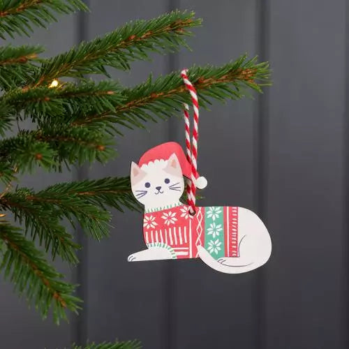 Wooden White Cat Christmas Decoration