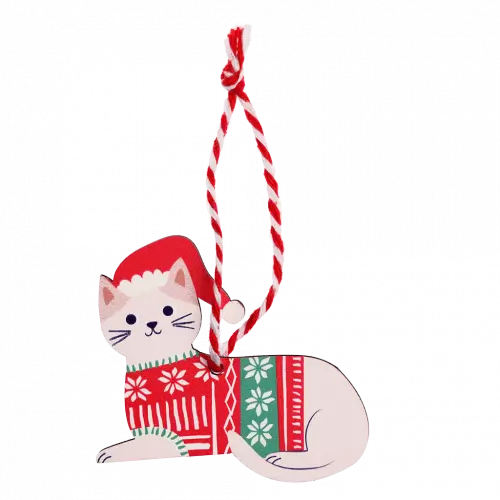 Wooden White Cat Christmas Decoration