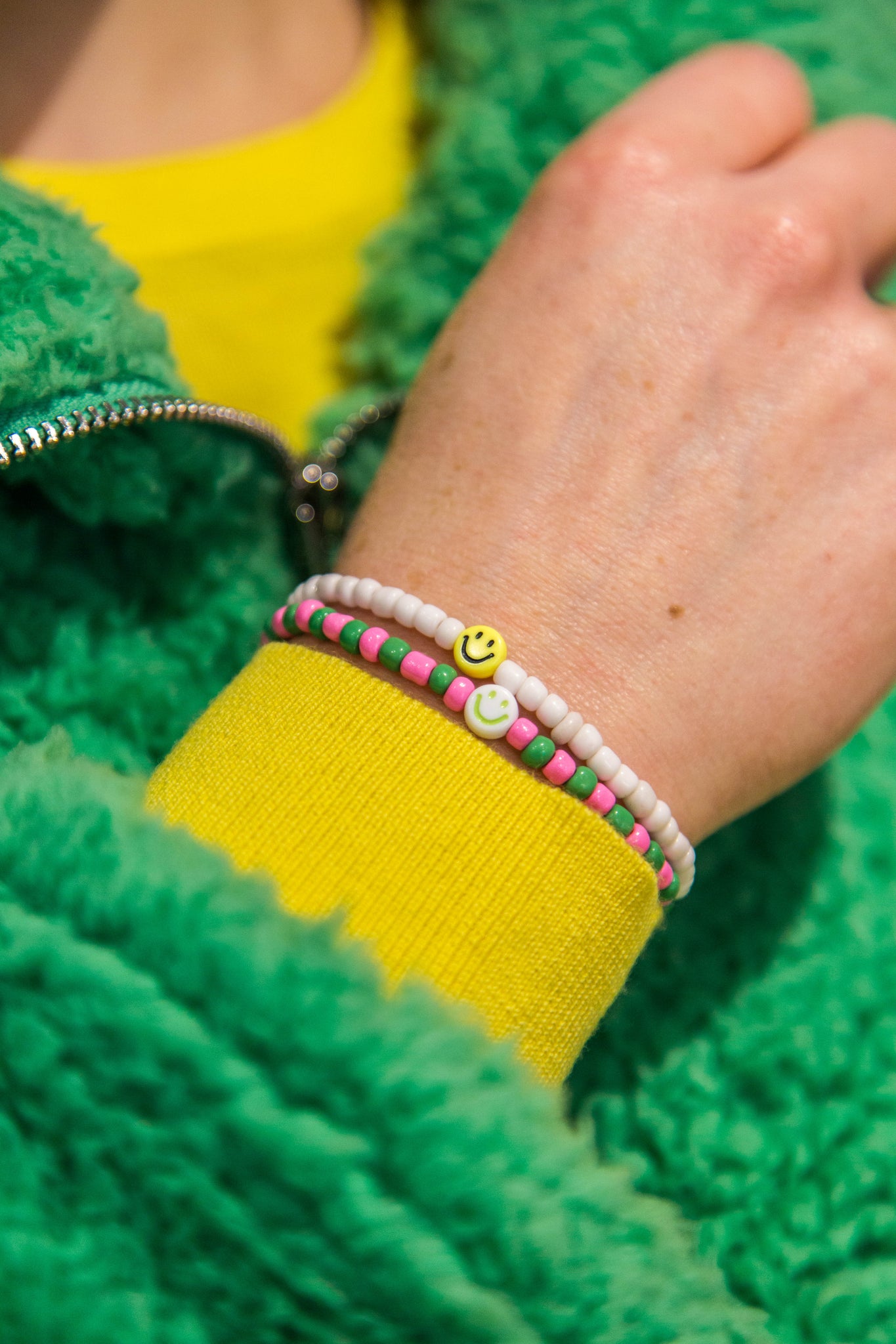 Pink & Green Smiley Beaded Bracelet