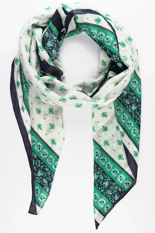 MORE THAN HALF PRICE! - LAST FEW!! Floral Print Bordered Cotton Scarf in Green & Blue