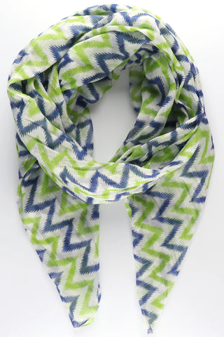 Two Tone Alternating Zig Zag Striped Cotton Scarf in Blue and Green
