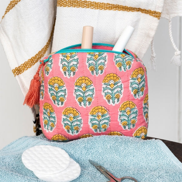 Blue & Pink Floral Print Make Up Bag