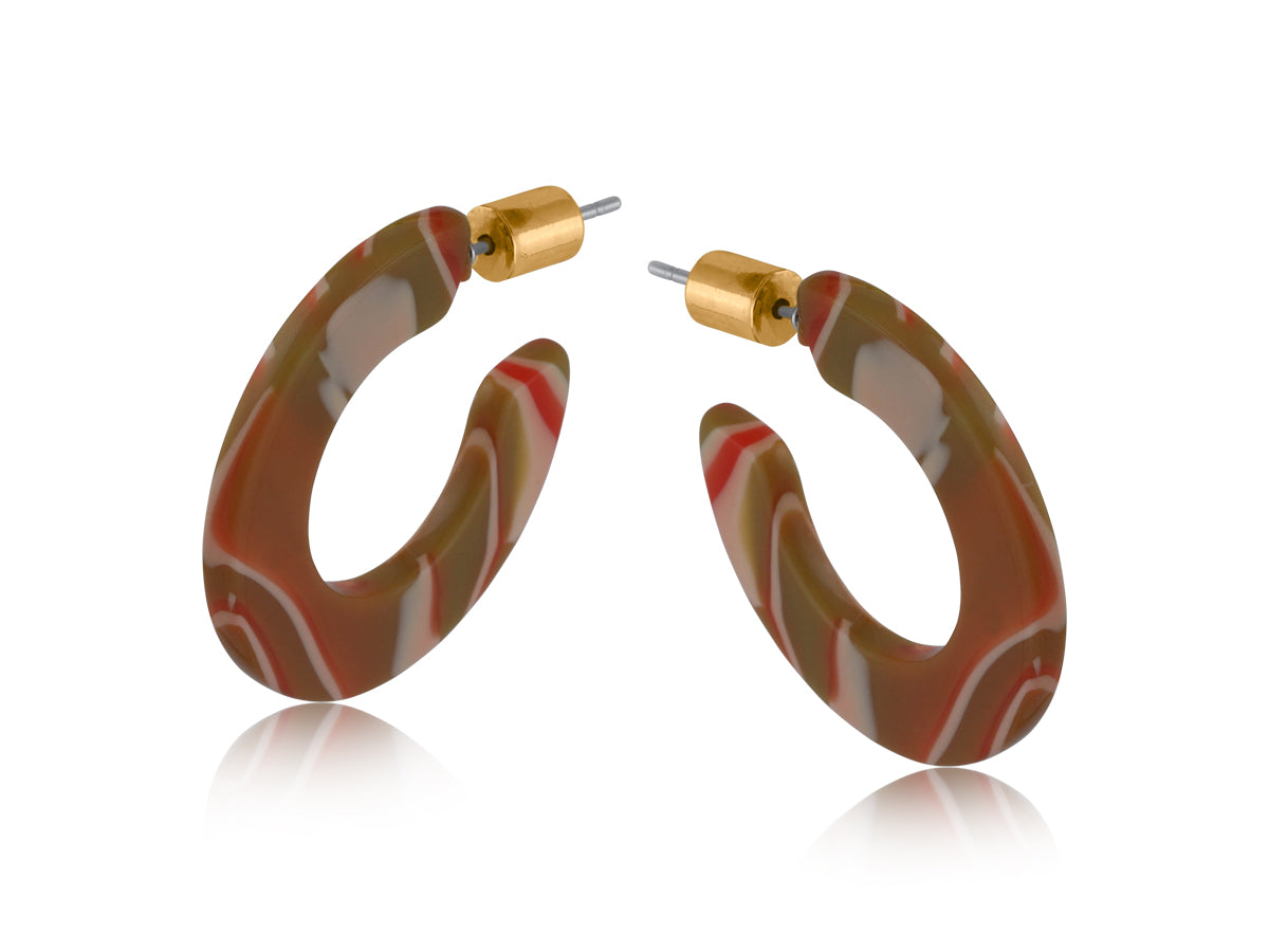 Orange Khaki Flat Oval Resin Hoop Earrings