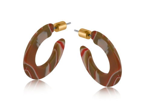 Orange Khaki Flat Oval Resin Hoop Earrings