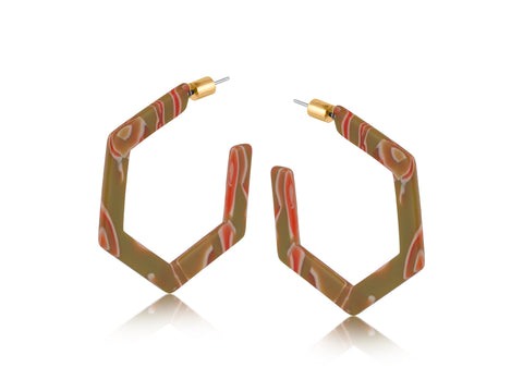 Orange Khaki Resin Hexagon Statement Hoop Earrings