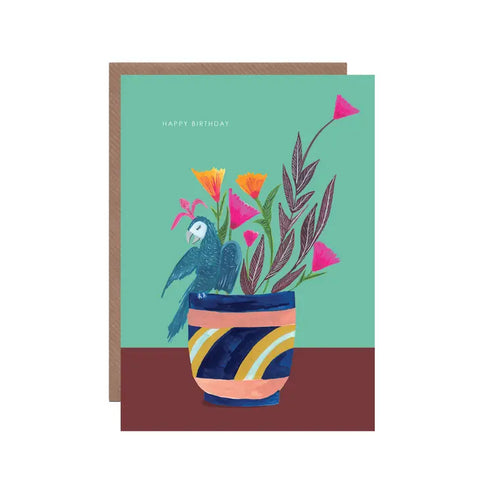 Plant and Parrot Birthday Greetings Card