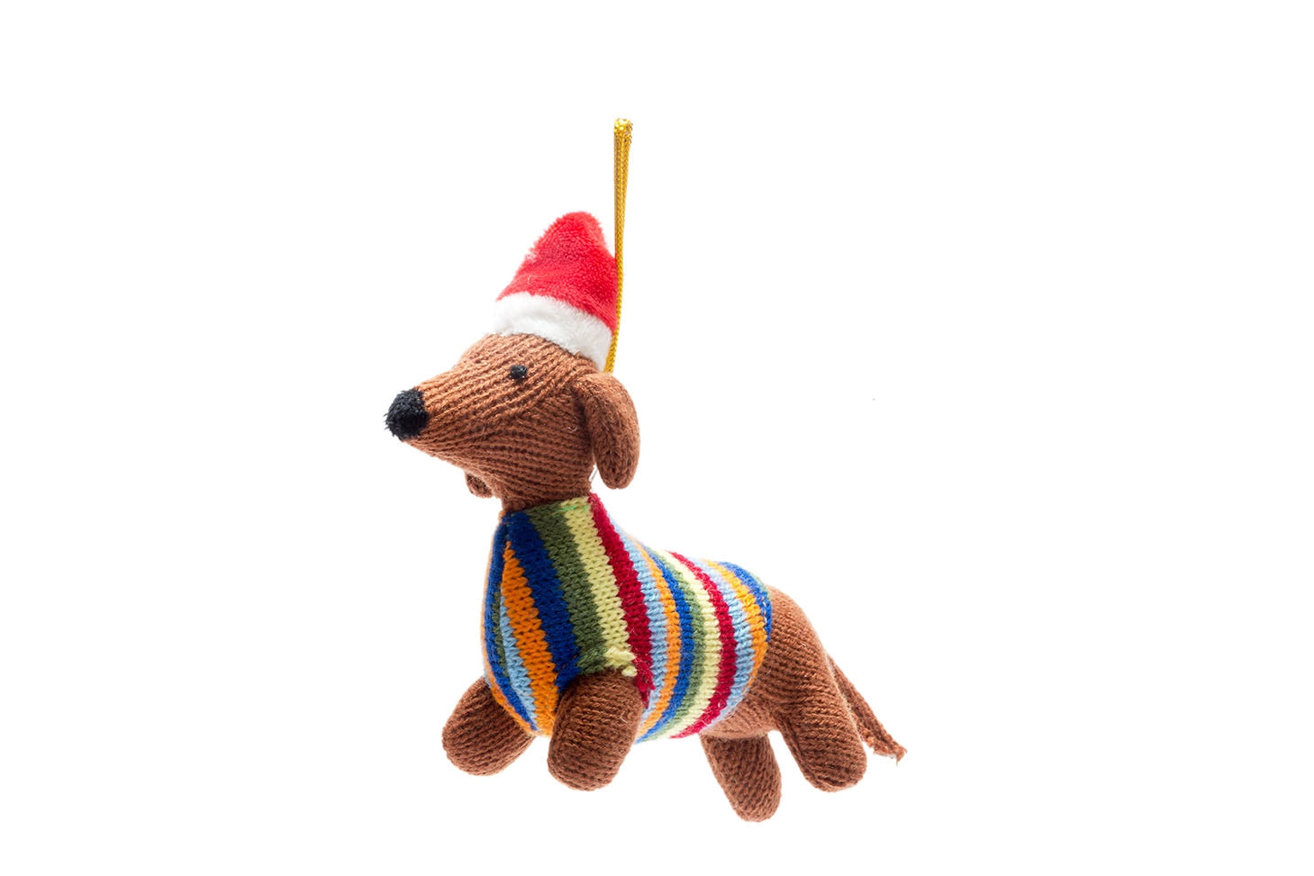 Christmas Knitted Dachshund in Bright Stripe Jumper
