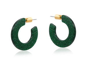Flat Oval Resin Hoop Earrings - Green Sparkle