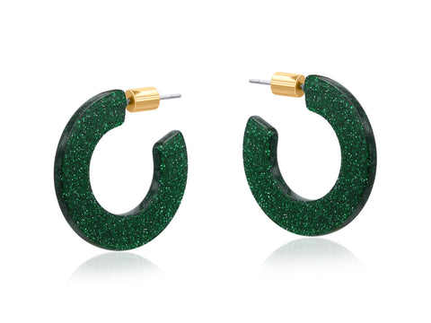 Flat Oval Resin Hoop Earrings - Green Sparkle