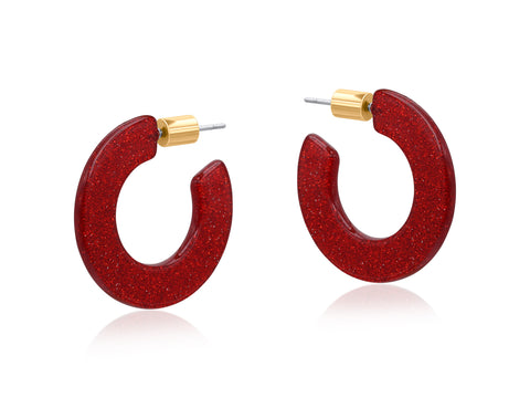 Flat Oval Resin Hoop Earrings - Red Sparkle