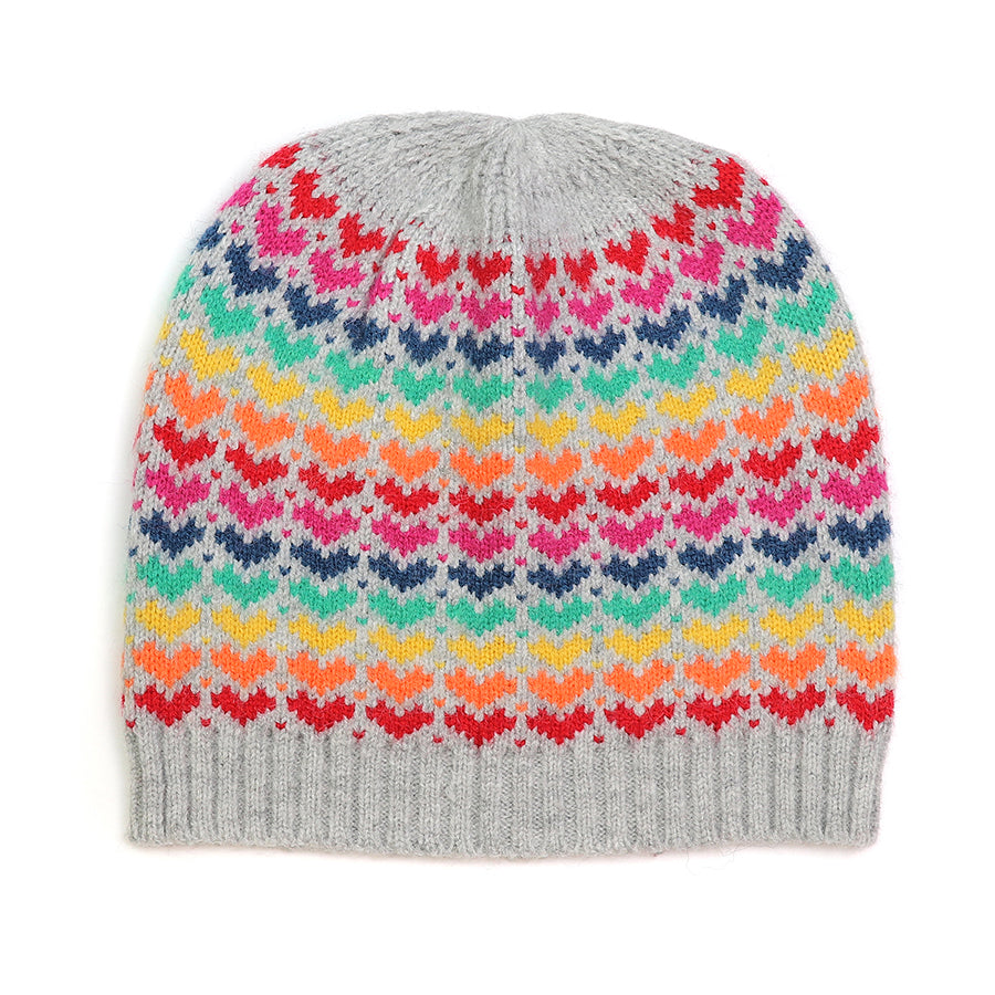 Grey & Multi Rainbow Hearts Beanie Hat