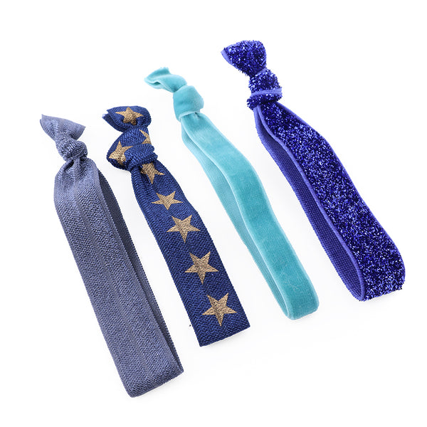 Blue/Grey/Aqua Mix Stars and Glitter Hair Ties - 4 pack
