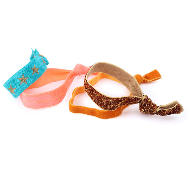 Bronze/Coral/Teal Mix Stars and Glitter Hair Ties - 4 pack