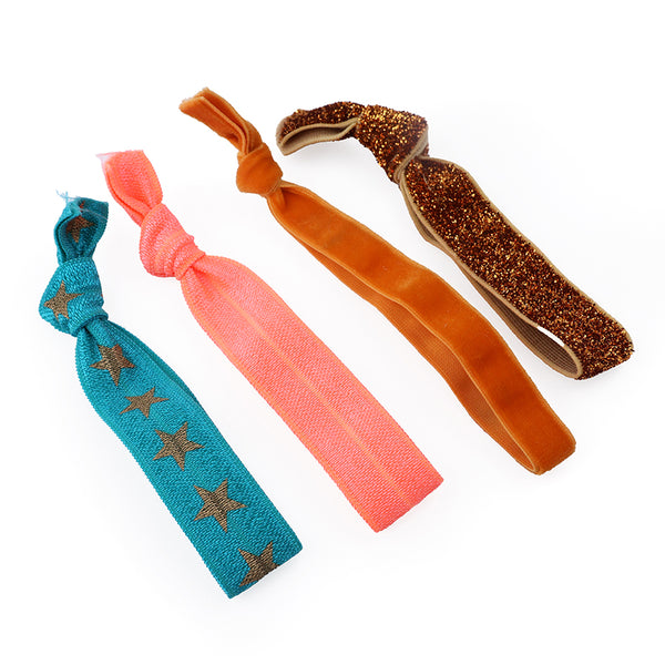 Bronze/Coral/Teal Mix Stars and Glitter Hair Ties - 4 pack