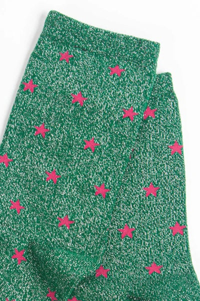Green Fuchsia Star Print Glitter Socks