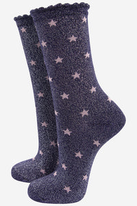 Women's Glitter Socks - Navy Blue Stars