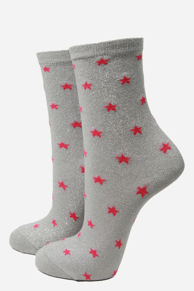 Light Grey Fuchsia Star Print Glitter Socks