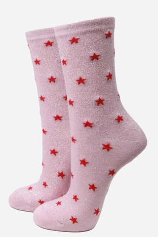 Light Pink & Red Star Glitter Socks