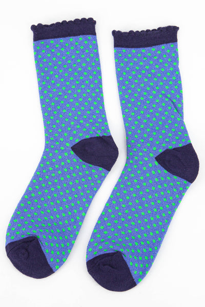 Women's Cotton Glitter Socks - Polka Dot Scalloped Top - Navy, Blue & Green