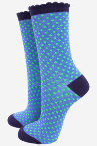 Women's Cotton Glitter Socks - Polka Dot Scalloped Top - Navy, Blue & Green