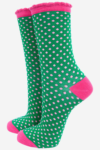 Women's Glitter Socks - Green & Pink, Small Polka Dot