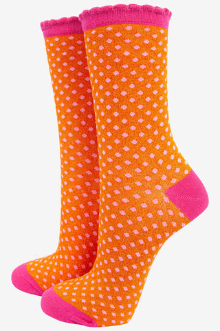 Women's Cotton Glitter Socks - Polka Dot Spots - Scalloped Top - Orange Hot Pink