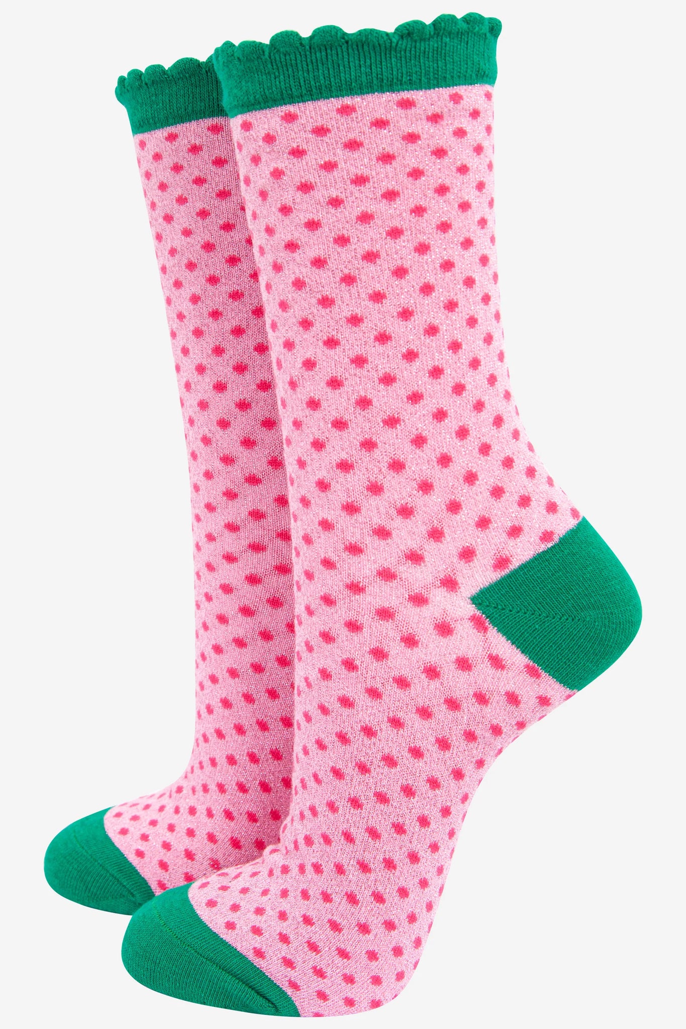 Women's Cotton Glitter Socks - Polka Dot Spots - Scalloped Top - Pink & Green