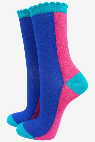 Women's Cotton Glitter Socks - Scalloped Top - Colour Block Blue Pink