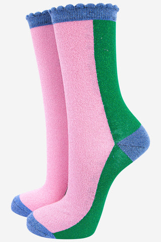 Women's Cotton Glitter Socks - Scalloped Top - Colour Block Green Pink