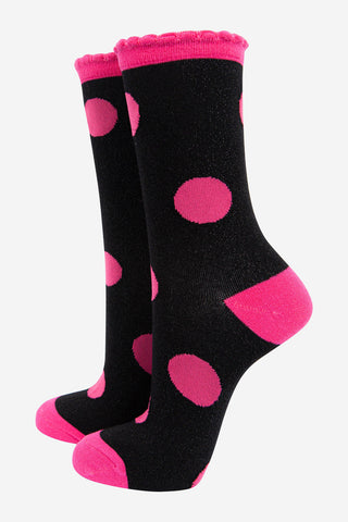 Women's Glitter Socks - Black/Hot Pink, Large Polka Dot